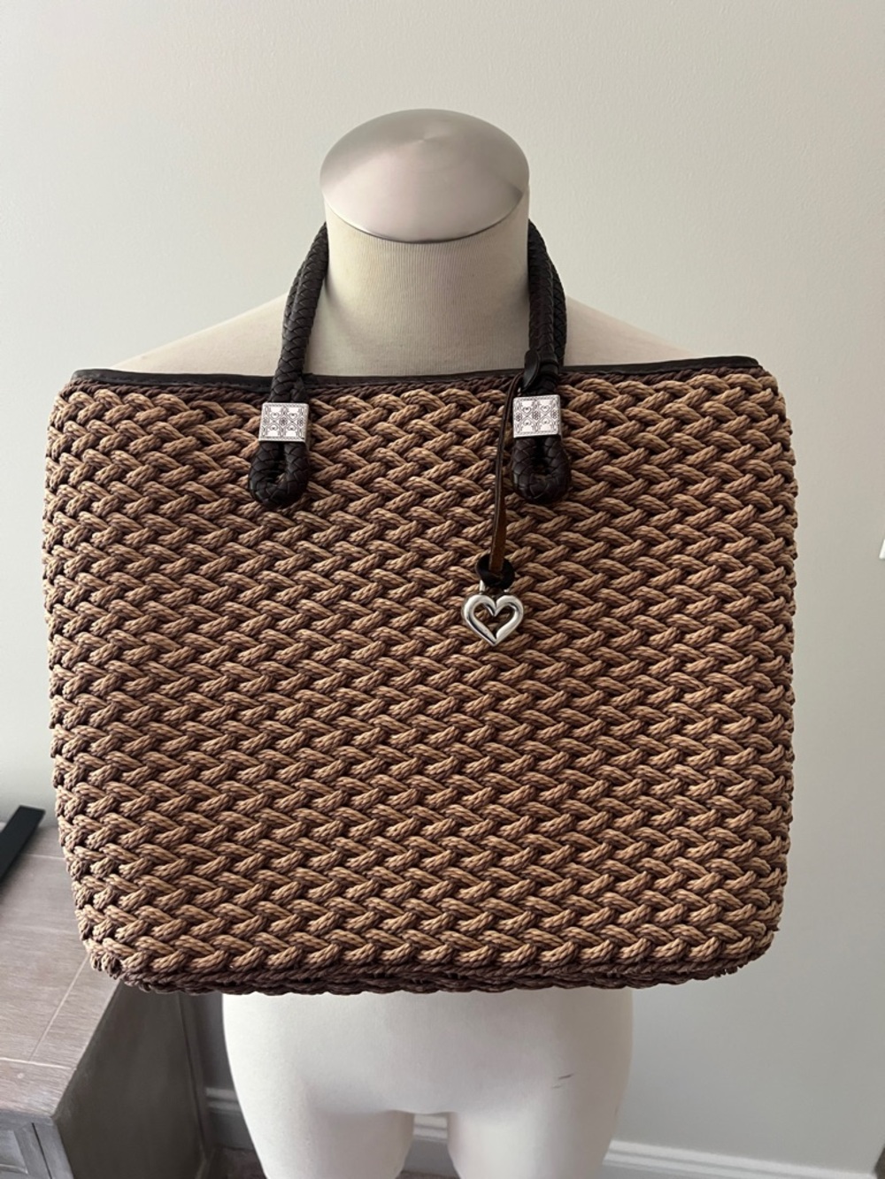 Brighton Brown Woven Tote with Heart Charm